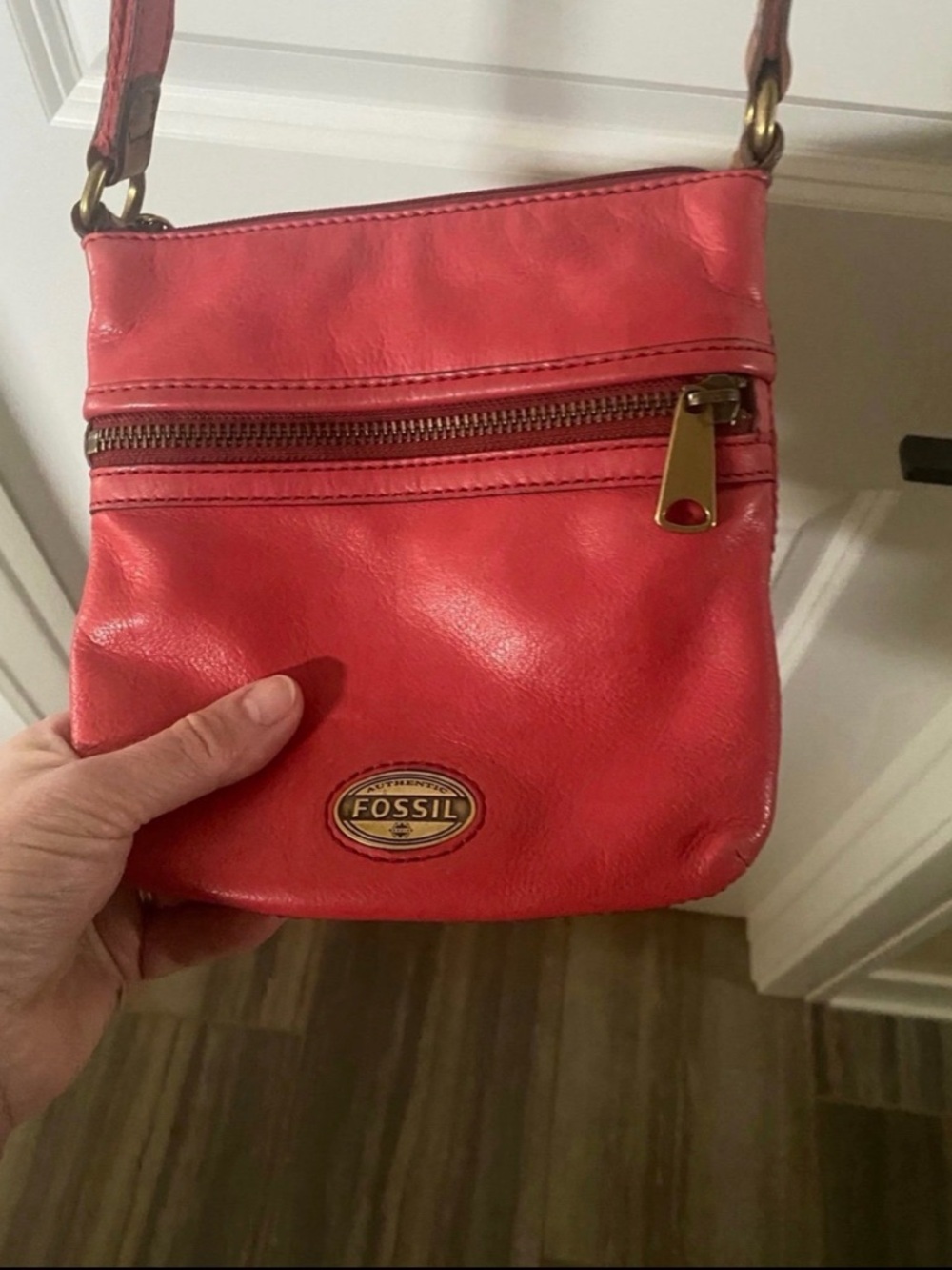 Fossil Coral-Red Leather Crossbody with Front Zip
